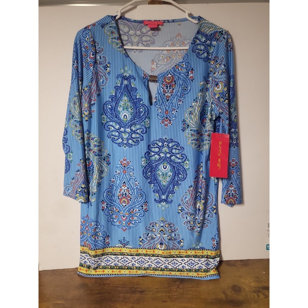 Sunny Leigh Womens blue multi 3/4 Sleeve Multicolor Tunic Blouse Top Sz Medium
